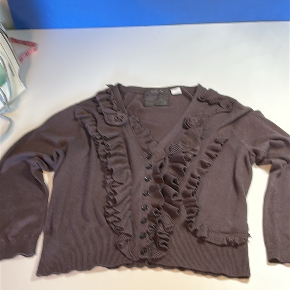 ANTHROPOLOGIE GUINEVERE BROWN BUTTON UP SCALLOPED SWEATER SIZE L - Picture 7 of 13